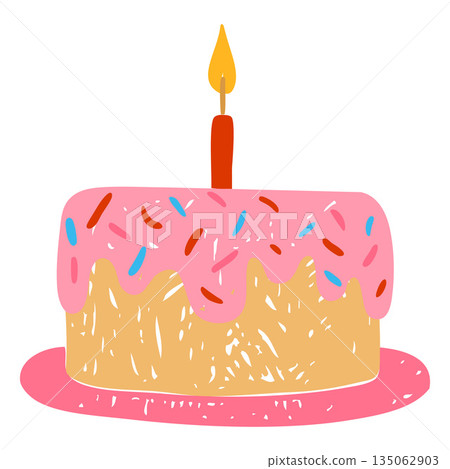 A bright yellow cake with pink icing, sprinkles, and a single lit candle, hand-drawn in pencil. A bright yellow cake with pink icing, sprinkles, and a single lit candle, hand-drawn in pencil. 135062903