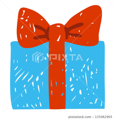 Blue gift box with a large red bow, simple hand-drawn pencil style. 135062905