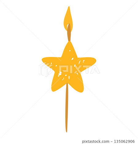 Burning candle star shape on stick vector crayon sketch, hand drawn yellow candle lighting, Birthday holiday decoration Burning candle star shape on stick vector crayon sketch, hand drawn yellow candle lighting, Birthday holiday decoration 135062906