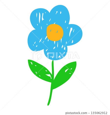 Blue flower crayon sketch vector icon, scribble chamomile, blossom daisy plant chalk pencil texture, floral kids drawing 135062912