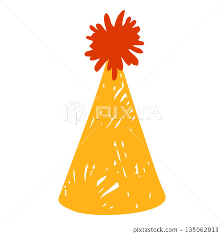 Yellow cone-shaped party hat icon, with a red pompom, hand-drawn in pencil. 135062913