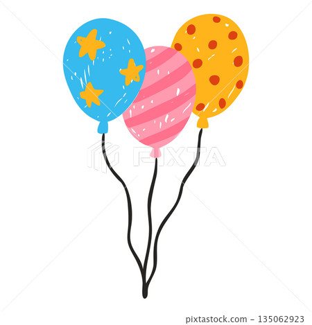 Bright multicolored balloons, hand-drawn with pencil, chalk, or marker. Bright multicolored balloons, hand-drawn with pencil, chalk, or marker. 135062923