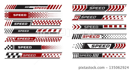 Racing stripes, strips arrows with Speed text, race flag, black, red and white checkers, flag sport car decal vector set 135062924