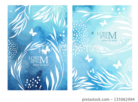 Delicate blue watercolor background with flowers and butterflies . hand drawn. Not AI, Vector illustration Delicate blue watercolor background with flowers and butterflies . hand drawn. Not AI, Vector illustration 135062994