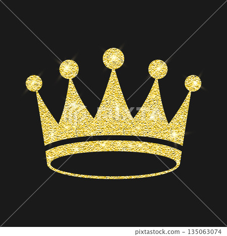 Vector Gold Glitter Crown, Royal Tiara. Luxury Sparkle Emblem on Black. Gold Glitter Crown Icon for Queen and King. Gold Glitter Crown Clipart, Luxury Tiara Logo, Sparkling Jewel 135063074