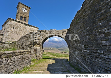 Inside the castle of Gjirokastra with view on the clocktower Inside the castle of Gjirokastra with view on the clocktower 135063234