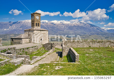 Inside the castle of Gjirokastra with view on the clocktower 135063297