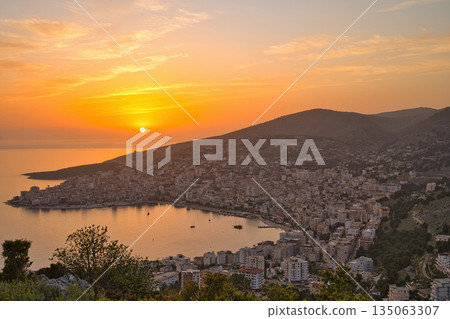 View from the Lekuresi castle on Saranda at sunset 135063307