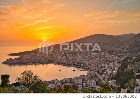 View from the Lekuresi castle on Saranda at sunset 135063308