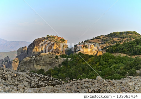 Monastery of Varlaam and Megalo Meteoro at sunrise Monastery of Varlaam and Megalo Meteoro at sunrise 135063414