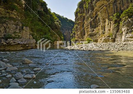 Osumi Canyon in Albania seen at river lever Osumi Canyon in Albania seen at river lever 135063488
