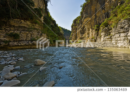 Osumi Canyon in Albania seen at river lever Osumi Canyon in Albania seen at river lever 135063489