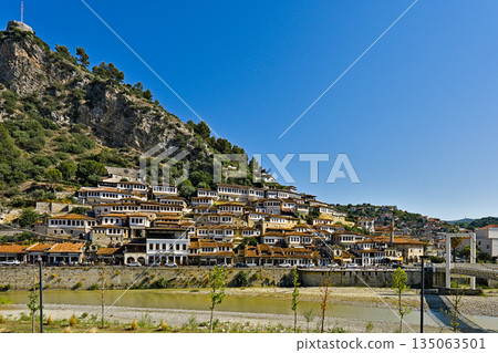 The city of Berat at daytime seen from across the bridge The city of Berat at daytime seen from across the bridge 135063501