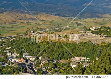 View on the castle of Gjirokastra at sunset 135063636