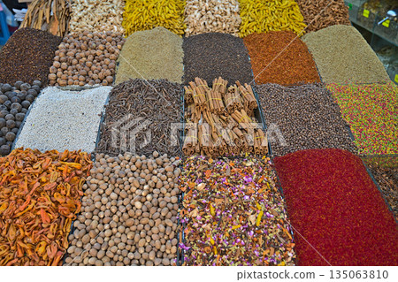 Various open spices in a typical oriental shop Various open spices in a typical oriental shop 135063810