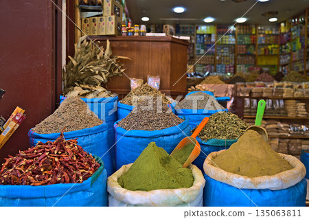 Various open spices in a typical oriental shop 135063811