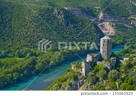 Old town of Pocitelj with view on the tower and river Old town of Pocitelj with view on the tower and river 135063820