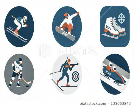 Minimal flat vector icons of winter sports including skiing, snowboarding, biathlon, curling and bobsleigh, winter season 2026 concept.. Vector illustration Minimal flat vector icons of winter sports including skiing, snowboarding, biathlon, curling and bobsleigh, winter season 2026 concept.. Vector illustration 135063843