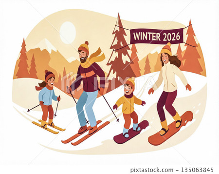 Cheerful family skiing and snowboarding together in winter mountains. Seasonal illustration about outdoor fun, travel, holidays and active lifestyle.. Vector illustration Cheerful family skiing and snowboarding together in winter mountains. Seasonal illustration about outdoor fun, travel, holidays and active lifestyle.. Vector illustration 135063845