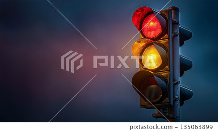 傍晚的天空飄浮著交通燈 傍晚的天空飄浮著交通燈 135063899