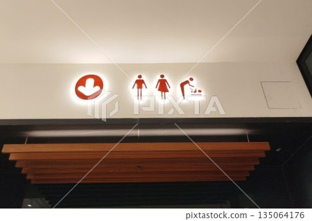 Signage displaying restroom symbols for men, women, and baby changing facilities Signage displaying restroom symbols for men, women, and baby changing facilities 135064176
