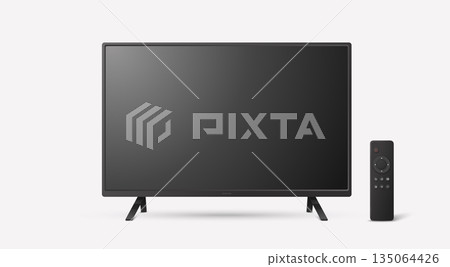 Vector 3d Realistic Black TV Screen, Isolated. Smart TV Screen with Remote Control. Blank TV Set Design Template, Front View 135064426
