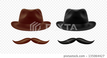 Vector 3d Realistic Hat and Mustache Set in Brown and Black. Vintage Gentleman Hat and Mustache for Barbershop, Retro Costume, Hipster Design. Hat and Mustache Illustration 135064427