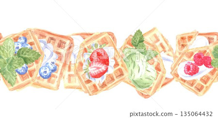 A seamless horizontal border with Belgian waffles, raspberries, blueberries, strawberries, whipped cream, and mint, painted in watercolor on an isolated background. Clip art with pastries and berries A seamless horizontal border with Belgian waffles, raspberries, blueberries, strawberries, whipped cream, and mint, painted in watercolor on an isolated background. Clip art with pastries and berries 135064432