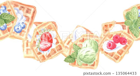 A seamless horizontal border with Belgian waffles, raspberries, blueberries, strawberries, whipped cream, and mint, painted in watercolor on an isolated background. Clip art with pastries and berries 135064433
