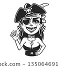 beautiful pirate woman with sabre sword, pistol gun and ship steering wheel - adventurous sea captain black and white portrait 135064691