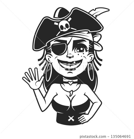 beautiful pirate woman with sabre sword, pistol gun and ship steering wheel - adventurous sea captain black and white portrait 135064691