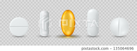Vector 3d Realistic Pills and Capsule Icon Set, Isolated. Medicine Tablets, Pharmaceutical Pills Clipart. Vitamins and Supplements Design Template. Isolated Medical Capsules 135064696