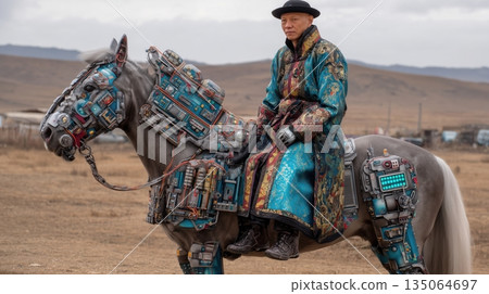 A futuristic character combining Mongolian clothing with cyber elements A futuristic character combining Mongolian clothing with cyber elements 135064697