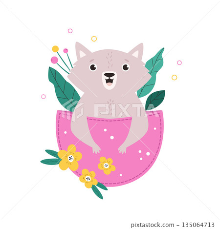 Happy Wolf Mascot Peeking from Pocket for Birthday and Baby Shower Vector Illustration for Kids 135064713