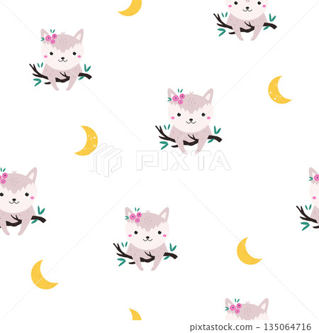 Adorable Baby Fox Character and Crescent Moon Woodland Seamless Pattern 135064716
