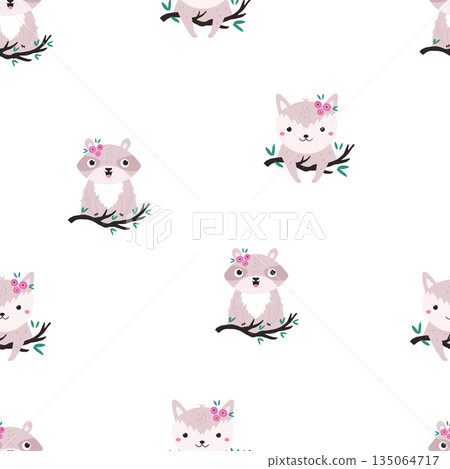 Adorable Baby Raccoon Character and Flowers Woodland Seamless Pattern 135064717