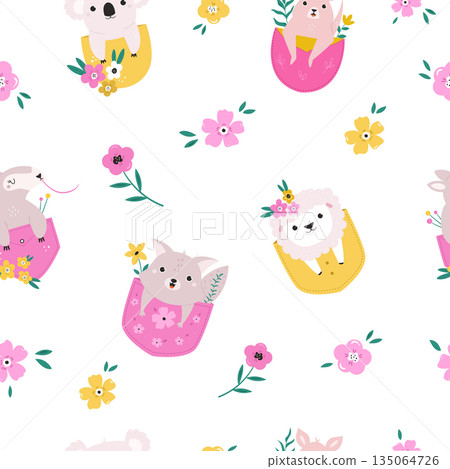 Adorable Baby Koala, Fox, Sheep, and Kangaroo Characters with Pink Flowers Seamless Background Adorable Baby Koala, Fox, Sheep, and Kangaroo Characters with Pink Flowers Seamless Background 135064726