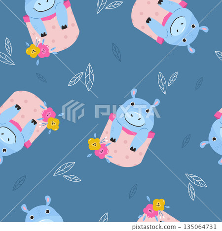 Adorable Baby Hippopotamus Character with Yellow Flowers. 135064731