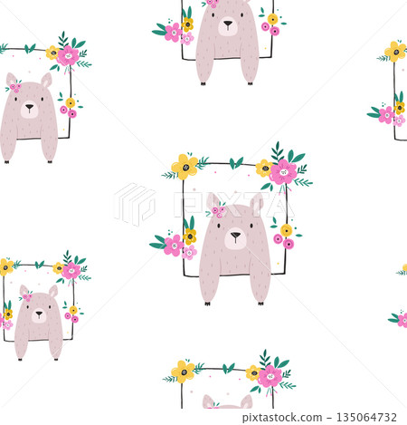 Cute Baby Bear in Floral Frame Seamless Pattern Cartoon Forest Animal Vector Illustration Cute Baby Bear in Floral Frame Seamless Pattern Cartoon Forest Animal Vector Illustration 135064732