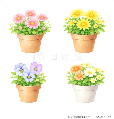 Spring flower pot watercolor illustration set 135064956