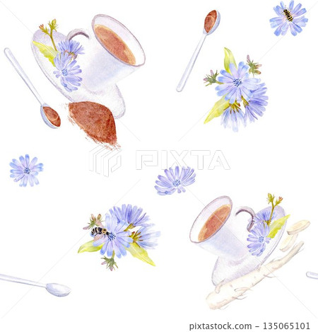 Seamless pattern with chicory drink in a white cup with a spoon, root, and pastel blue flowers, watercolor illustration, on an isolated background. Decaf drink for healthy eating and vegan diets 135065101