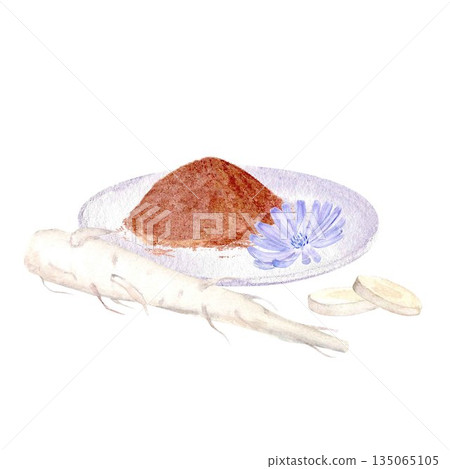A chicory powder drink on a white saucer with chopped roots, pastel blue flowers, watercolor illustration. Simple clip art depicting a decaffeinated coffee substitute for healthy eating, vegan diets 135065105