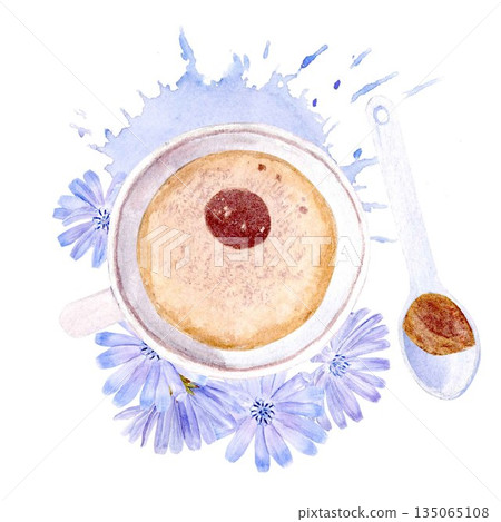 A chicory drink in a white cup with a spoon and pastel blue flowers, watercolor illustration. A simple illustration of a decaffeinated coffee substitute for healthy eating and vegan diets. 135065108
