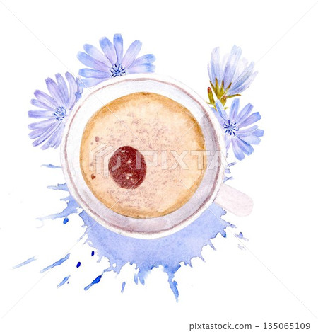Chicory drink in a white cup on a watercolor stain with pastel blue flowers above, watercolor illustration. Simple style clipart of a decaf coffee substitute for healthy eating and vegan diets. 135065109