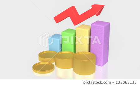 Financial Profit Growth Concept with Stacked Coins Bar Chart and Rising Arrow 3d render. 135065135