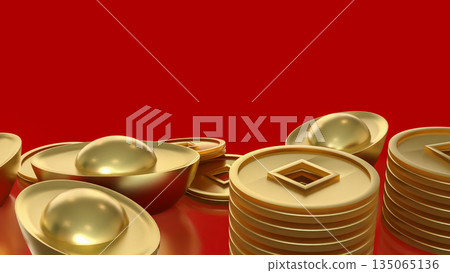 Luxury Golden Chinese Ingots and Coins on Red Background 3d render. Luxury Golden Chinese Ingots and Coins on Red Background 3d render. 135065136