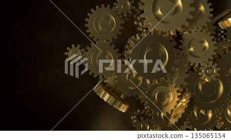 Golden Mechanical Gears Concept Representing Industry Engineering and Business Efficiency 3d render. 135065154