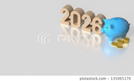 2026 Financial Planning Concept with Blue Piggy Bank and Coins 3d render. 2026 Financial Planning Concept with Blue Piggy Bank and Coins 3d render. 135065170