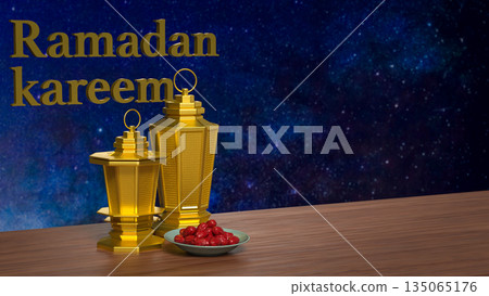 Ramadan Kareem Greeting with Golden Lanterns and Dates 3d render. Ramadan Kareem Greeting with Golden Lanterns and Dates 3d render. 135065176