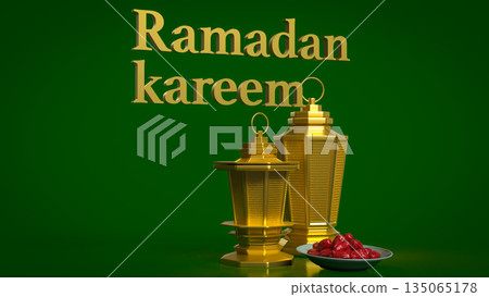 Ramadan Kareem Greeting with Golden Lanterns on Green Background 3d render. Ramadan Kareem Greeting with Golden Lanterns on Green Background 3d render. 135065178